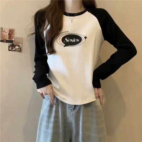 短款正肩撞色拼接长袖T恤女初秋百搭显瘦修身打底小衫插肩袖上衣商品大图