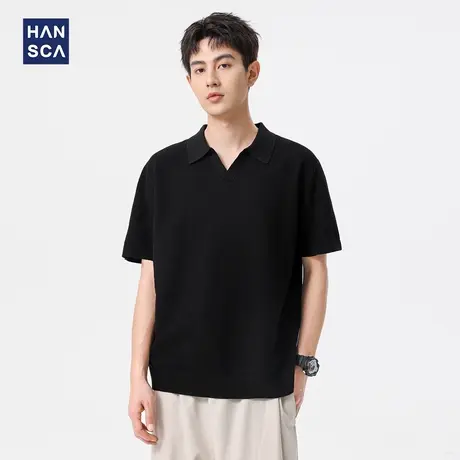 hansca美式复古针织POLO衫男士2025夏季重磅宽松大码潮流黑色上衣商品大图