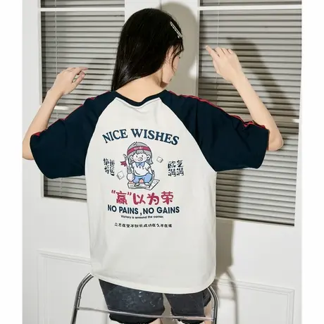唐狮夏季新款短袖T恤女针织高考后背卡通小众设计感插肩袖商品大图