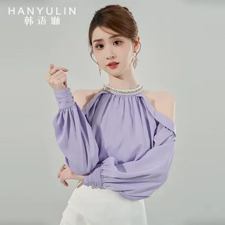 韩语琳长袖衬衫女2023新款设计感小众春秋法式高级感挂脖小衫上衣图片