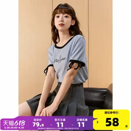 唐狮2025新款夏季短袖T恤女蓝色修身绑带时尚洋气漂亮休闲上衣商品大图