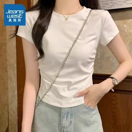 KMV真维斯白色抽褶短款短袖女t恤2025夏季新款正肩紧身小个子体恤商品大图