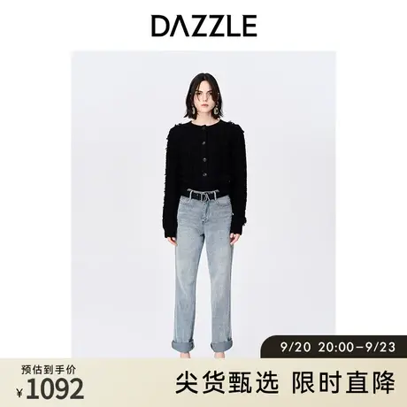 DAZZLE地素奥莱秋通勤气质黑色短款拉绒毛衣开衫上衣外套女图片