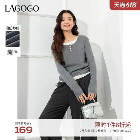 LAGOGO抗起球灰色针织衫女拉谷谷2024年春秋新款圆领慵懒长袖上衣商品大图