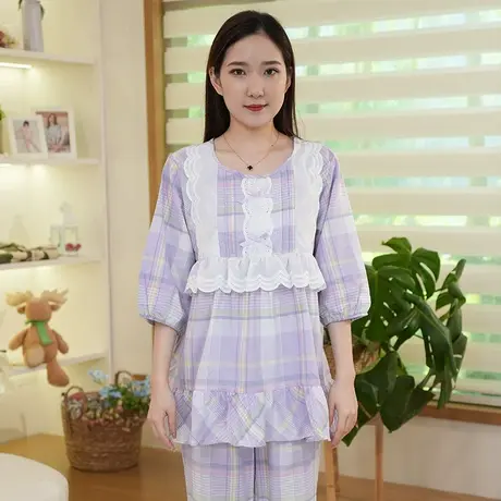 秋鹿梭织色织格九分袖九分裤纯棉薄款睡衣女士春夏宽松家居服套装商品大图