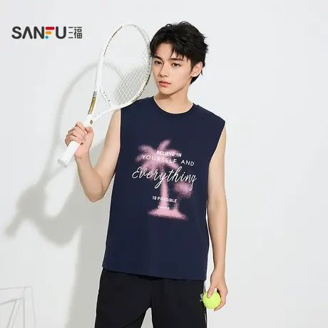 三福男夏季沙滩椰树背心 休闲宽松圆领无袖上衣内搭男503652商品大图