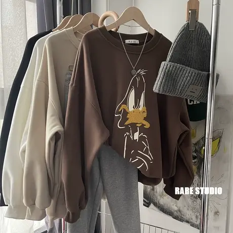 冬新抓绒加厚保暖植绒刺绣大嘴鸭印花宽松慵懒圆领卫衣大版洋气女商品大图
