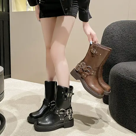时尚百搭短筒靴女2025秋季新款爆款配裙子气质骑士靴厚底高级靴子商品大图
