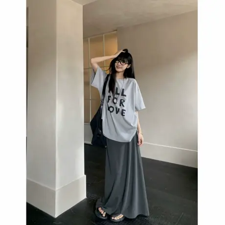 2025夏季新款宽松慵懒风字母印花t恤短袖女韩版复古灰色纯棉上衣商品大图