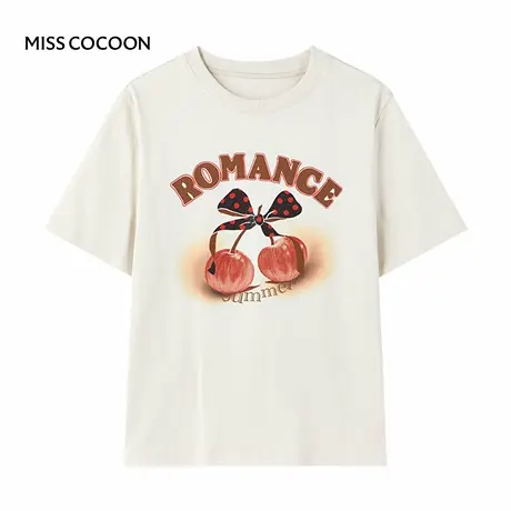 【七七酱直播间】MISS COCOON白色纯棉短袖烫钻图案圆领内搭T恤图片