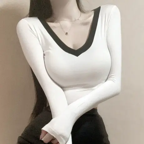 现货 韩国 自留YE005性感撞色V领~显身材女人味紧身长袖T恤se图片