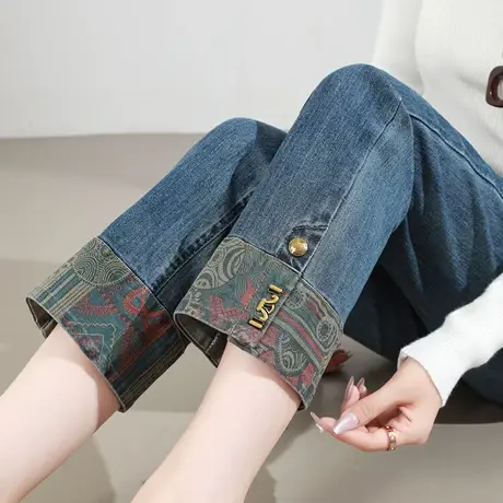 拼接九分翻边直筒牛仔裤女春秋2025新款高腰宽松显瘦小个子烟管裤商品大图
