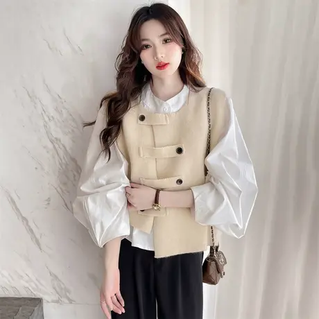 唐狮初秋新款设计感扣袢针织背心女叠穿简约开衫马甲慵懒风毛衣qd商品大图