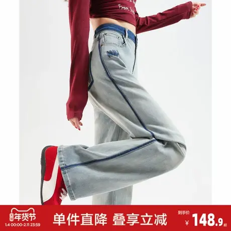 唐狮2026春秋女中腰前袋印花装饰线直筒裤时尚高级感牛仔长裤图片