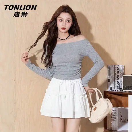 唐狮官方露肩长袖t恤女2026新款春夏显瘦一字肩打底衫修身上衣VC图片