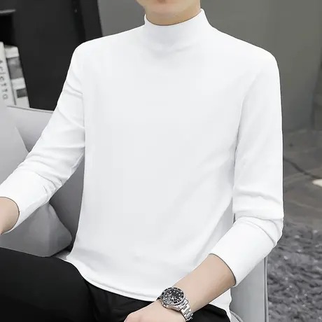 300g重磅半高领德绒长袖t恤男双面绒中领内搭打底衫纯色白色体恤商品大图