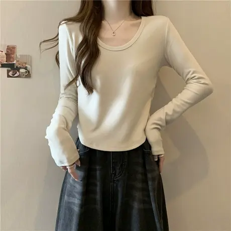 U领长袖T恤女秋冬季修身显瘦加绒加厚内搭德绒打底衫短款正肩上衣商品大图
