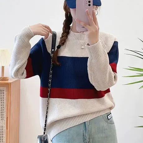 撞色复古日系慵懒风针织毛衣打底衫秋冬新款保暖长袖宽松百搭上衣商品大图