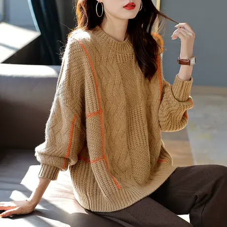 宝诗黎复古圆领宽松麻花羊毛毛衣女秋冬韩系慵懒撞色针织上衣加厚图片