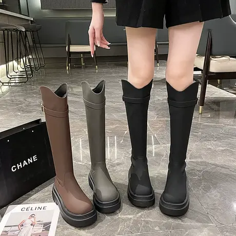 厚底长筒靴女2023年春秋季新款时尚高级法式瘦瘦靴粗跟v口骑士靴图片