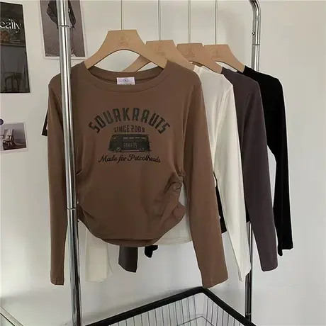法式别致内搭上衣女棕色小众长袖T恤辣妹短款修身咖色打底衫秋季图片