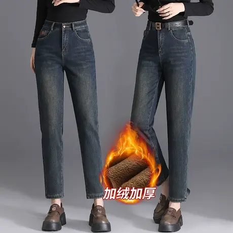 水泥灰加绒哈伦牛仔裤女秋冬款2023新款高腰宽松直筒显瘦老爹裤图片