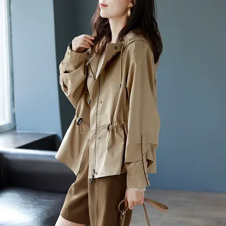 宝诗黎连帽收腰短风衣女宽松英伦风外套2023秋季新款韩版休闲上衣图片
