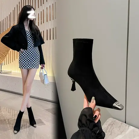 尖头高跟法式小短靴女2023新款秋冬爆款黑色性感细跟瘦瘦靴中筒靴商品大图