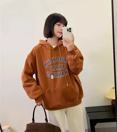 美式复古字母印花连帽加绒卫衣女冬季2023新款慵懒风宽松休闲上衣商品大图