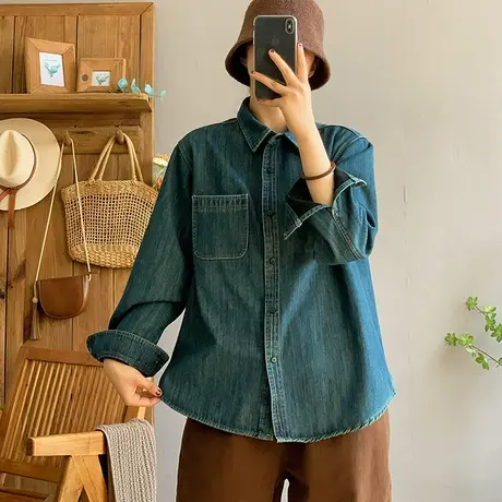 dza 复古翻领加绒牛仔衬衫外套女士秋冬外穿上衣宽松休闲保暖衬衣图片