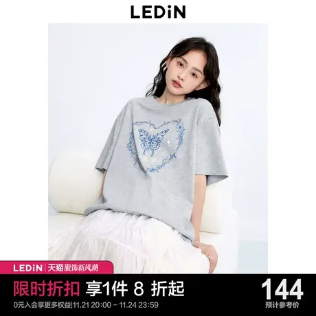 乐町新品韩版宽松上衣女潮2023秋季新款女装灰色蝴蝶休闲短袖T恤图片