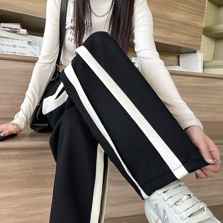 黑色窄版阔腿裤女2024秋季新款高腰显瘦休闲直筒宽松竖条纹运动裤商品大图