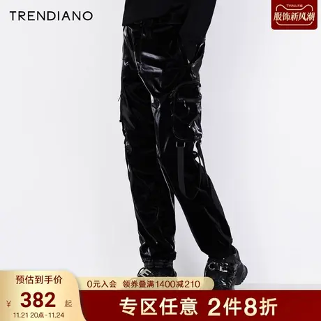 TRENDIANO新款秋季男装潮流嘻哈束脚亮面鲨鱼皮工装裤休闲裤商品大图