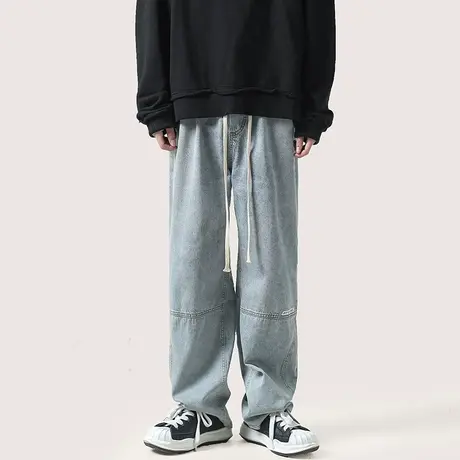 港风直筒牛仔裤男春季ins潮流纯色宽松工装裤子抽绳运动休闲长裤商品大图