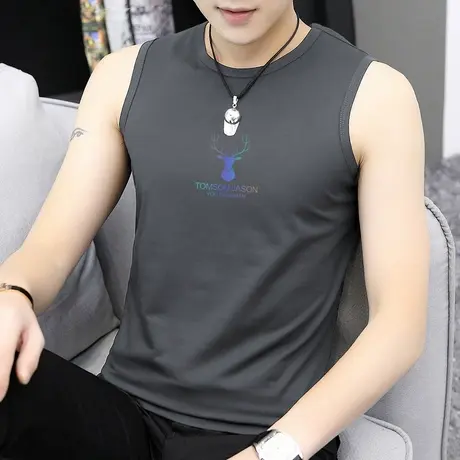 莫代尔棉背心男夏季冰丝运动坎肩鹿头印花无袖t恤男篮球健身跨栏图片