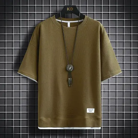 短袖t恤男华夫格夏季潮宽松圆领透气纯色重磅打底衫男士百搭半袖商品大图