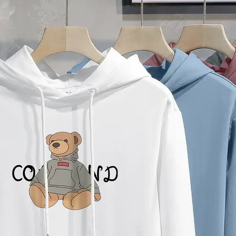 2024新款秋冬连帽卫衣男宽松潮流小熊印花外套加绒长袖白色带帽衫商品大图