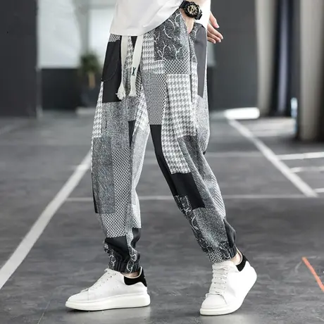 裤子男士夏季冰丝休闲长裤男潮牌拼色块九分束脚裤春秋季系带男裤商品大图