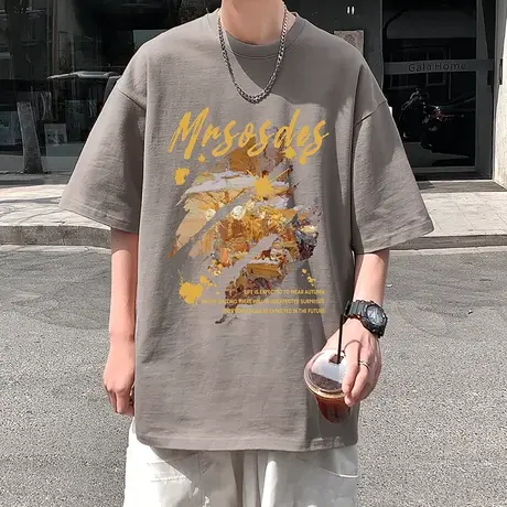 夏季抽象油画印花短袖t恤男ins潮流2024新款纯棉打底衫半袖上衣服图片