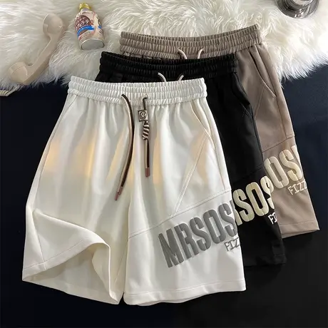 夏季薄款透气休闲短裤男潮流发泡印花复古高街阔腿运动五分裤子5商品大图