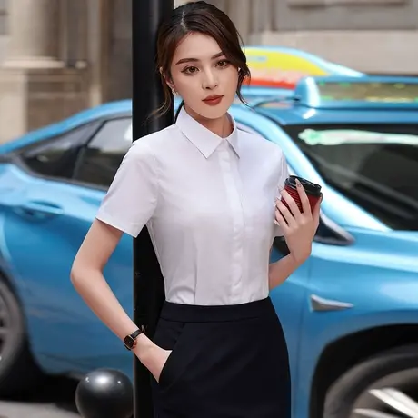翻领白色短袖衬衫2023夏季薄款气质灰色工装衬衣面试工作服通勤棉商品大图