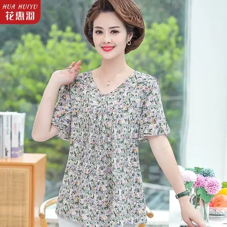 碎花雪纺衫女夏装新款中年宽松遮肚子小衫中老年妈妈洋气短袖上衣图片