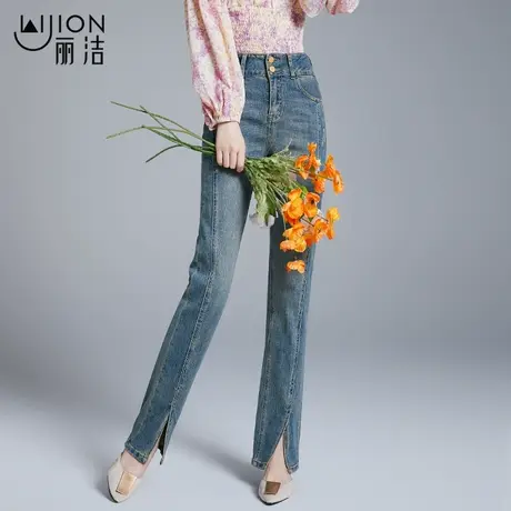 丽洁女开叉复古百搭牛仔裤女2023年春秋新款高腰设计感直筒长裤子图片