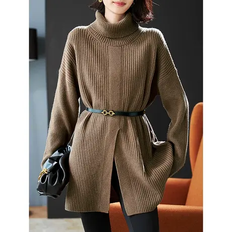 宝诗黎高领纯色慵懒长袖羊毛衫2024春季新款腰带宽松针织衫毛衣女图片