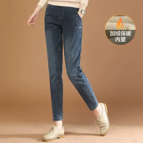 韩潮袭人松紧腰加绒牛仔裤子女2023冬季新款百搭显瘦休闲哈伦裤图片