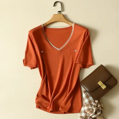 冰丝针织衫短袖t恤女2024年春夏新款V领宽松显瘦薄款打底衫女上衣商品大图