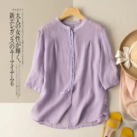 七分袖苎麻上衣女宽松薄款外搭2021春夏新款棉麻T恤文艺复古衬衫图片