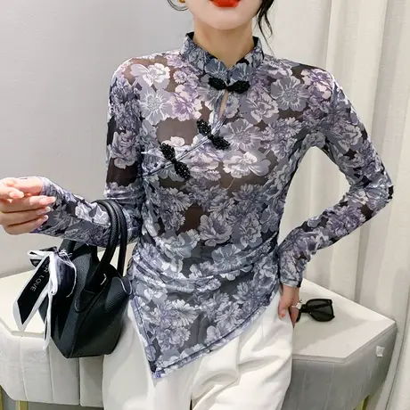 复古盘扣长袖T恤女春秋国风性感网纱透视上衣不规则开叉紧身小衫商品大图