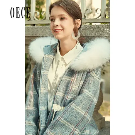 Oece秋冬装新款 格纹大毛领连帽学院中长款呢大衣女图片