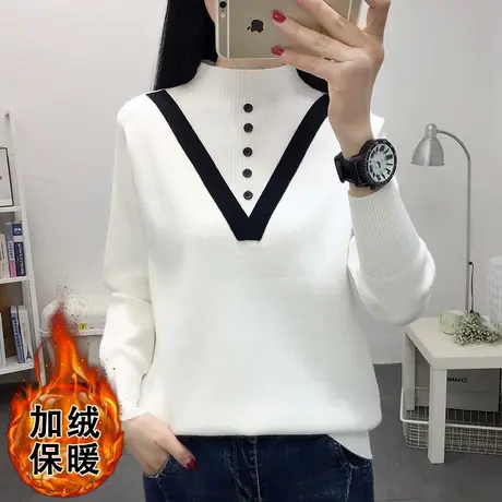 加绒加厚女士毛衣2022新款半高领宽松洋气内搭针织打底衫保暖上衣商品大图